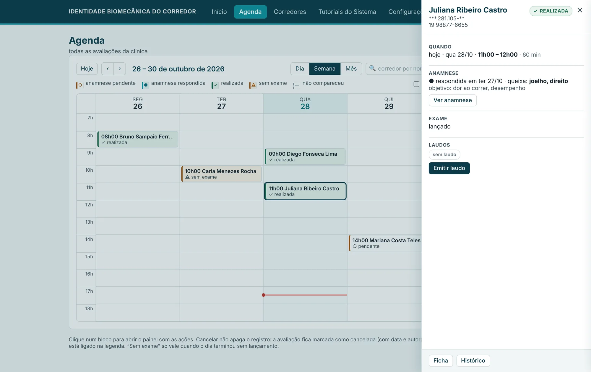 Agenda › Semana, com um bloco selecionado e o painel aberto