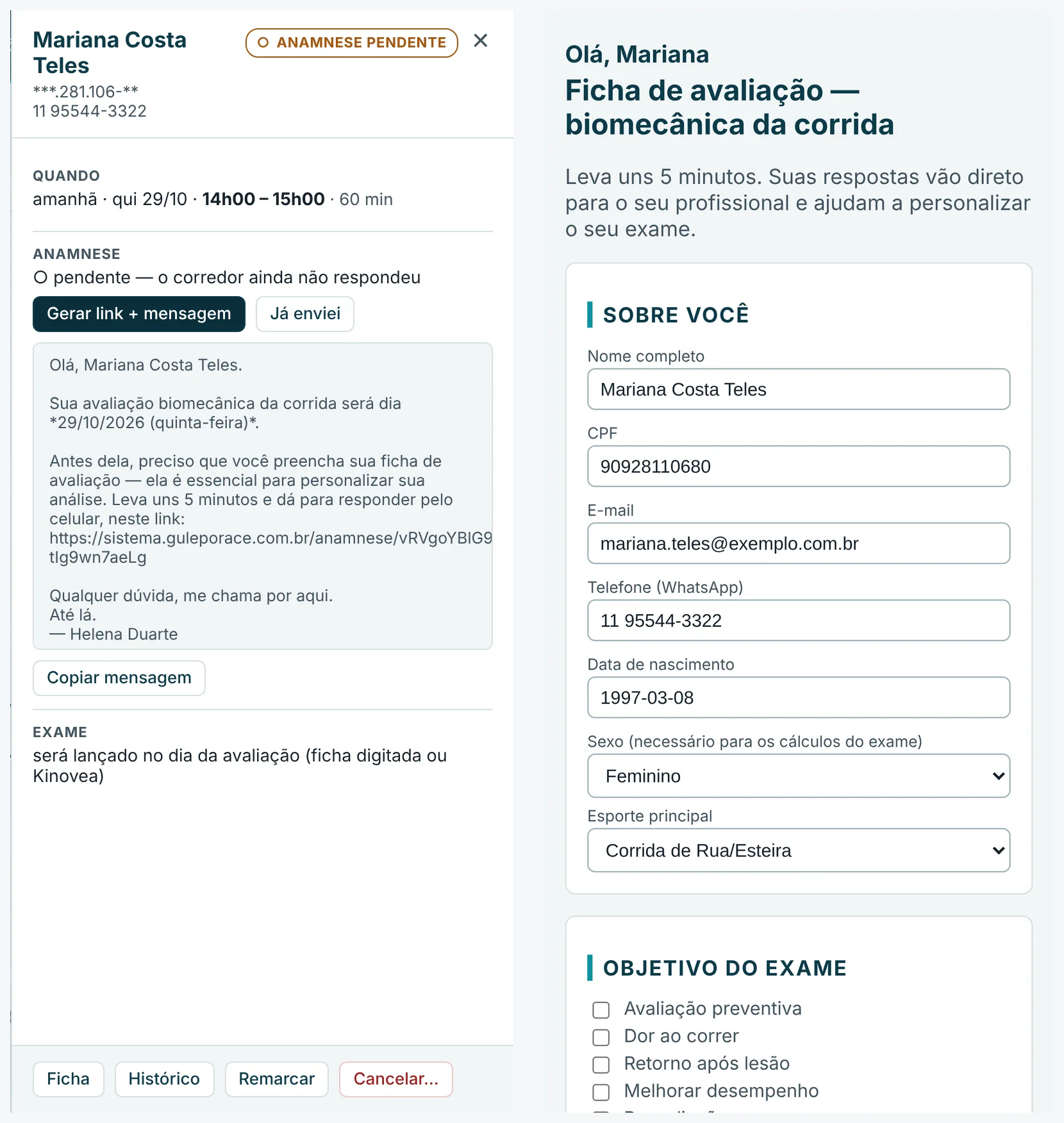 o painel com 'Gerar link + mensagem' e, ao lado, o que o corredor vê no celular