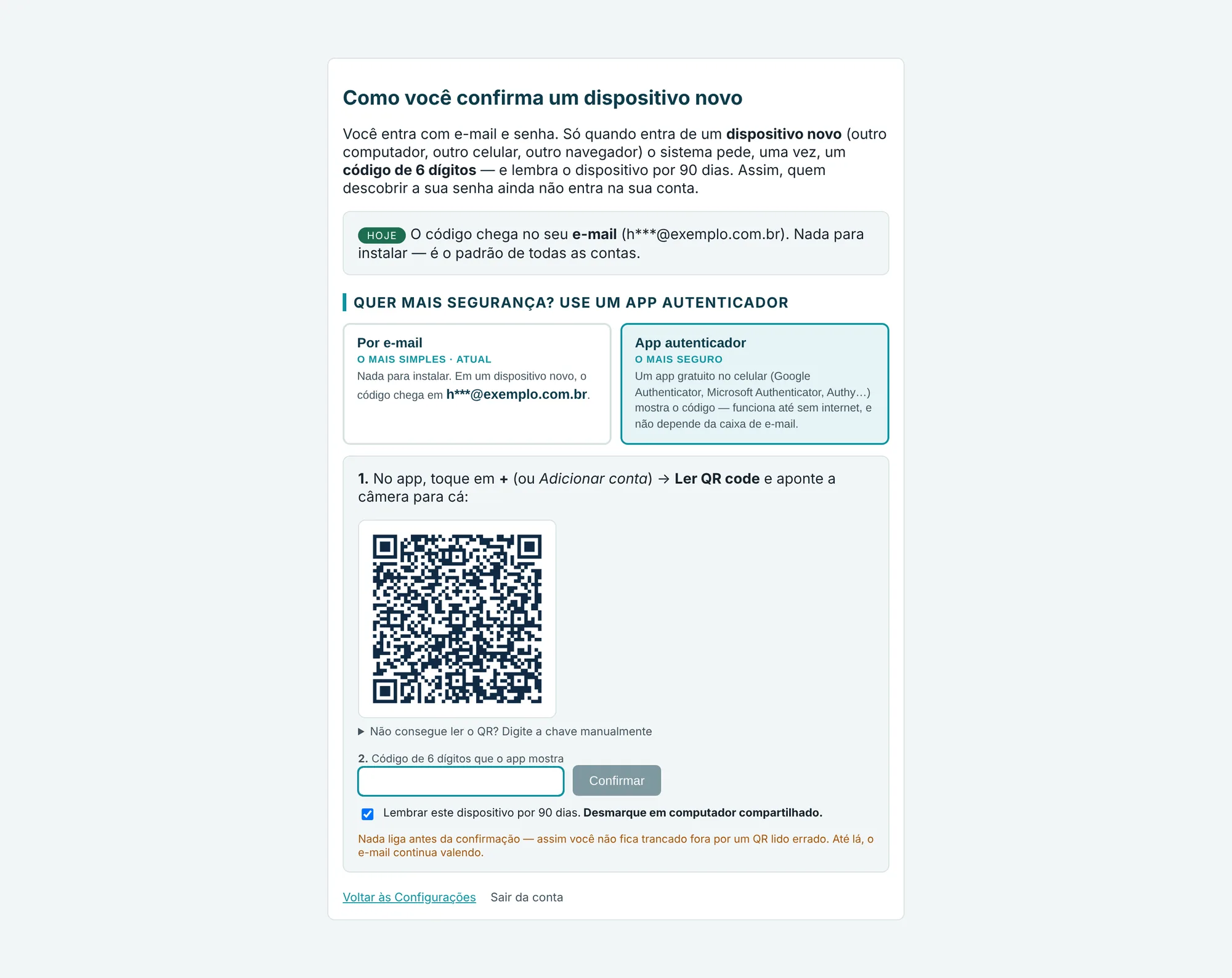 a tela 'Como você confirma um dispositivo novo' com as duas opções e o QR code (fictício)
