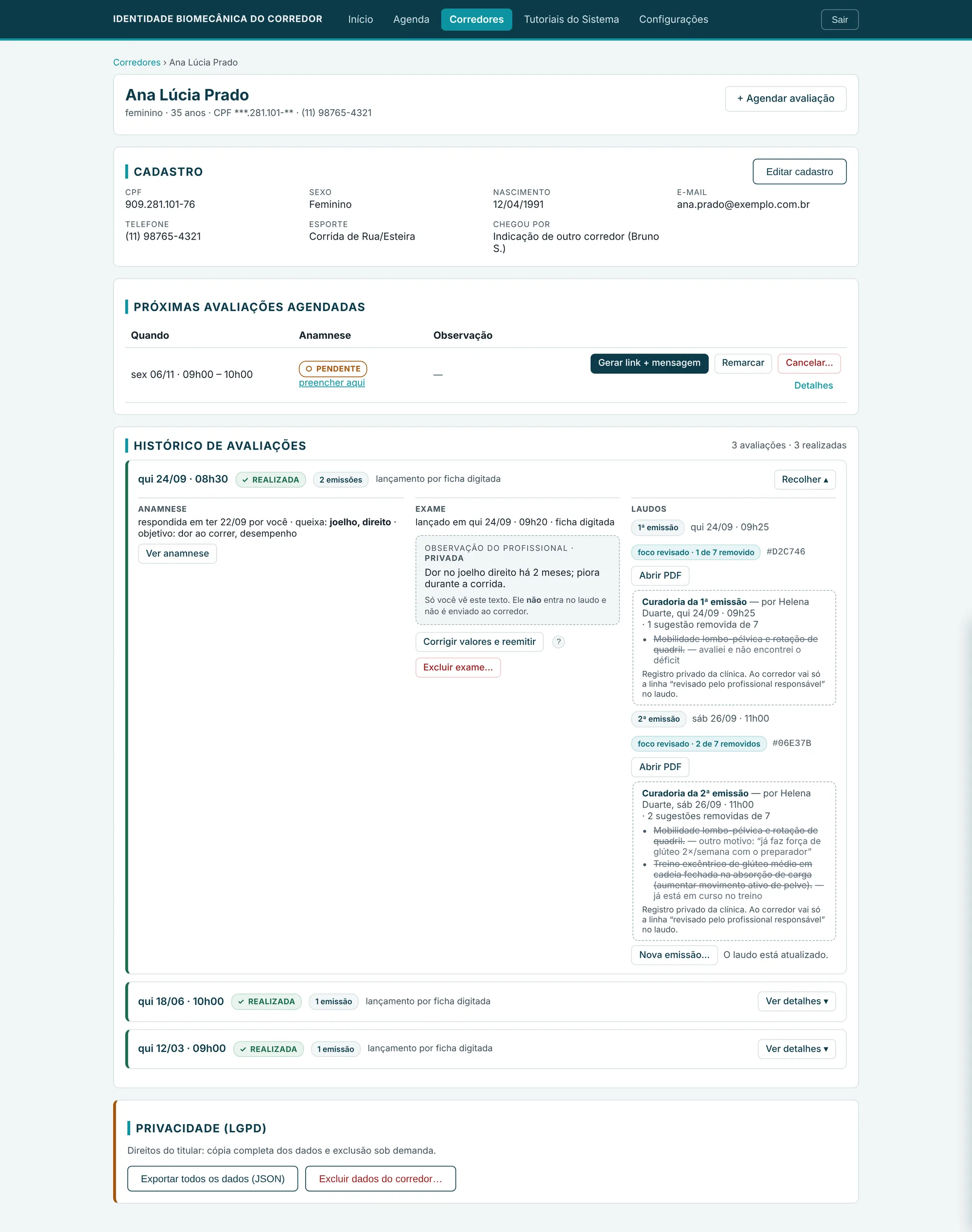 ficha com uma avaliação próxima e três no histórico (dados fictícios)