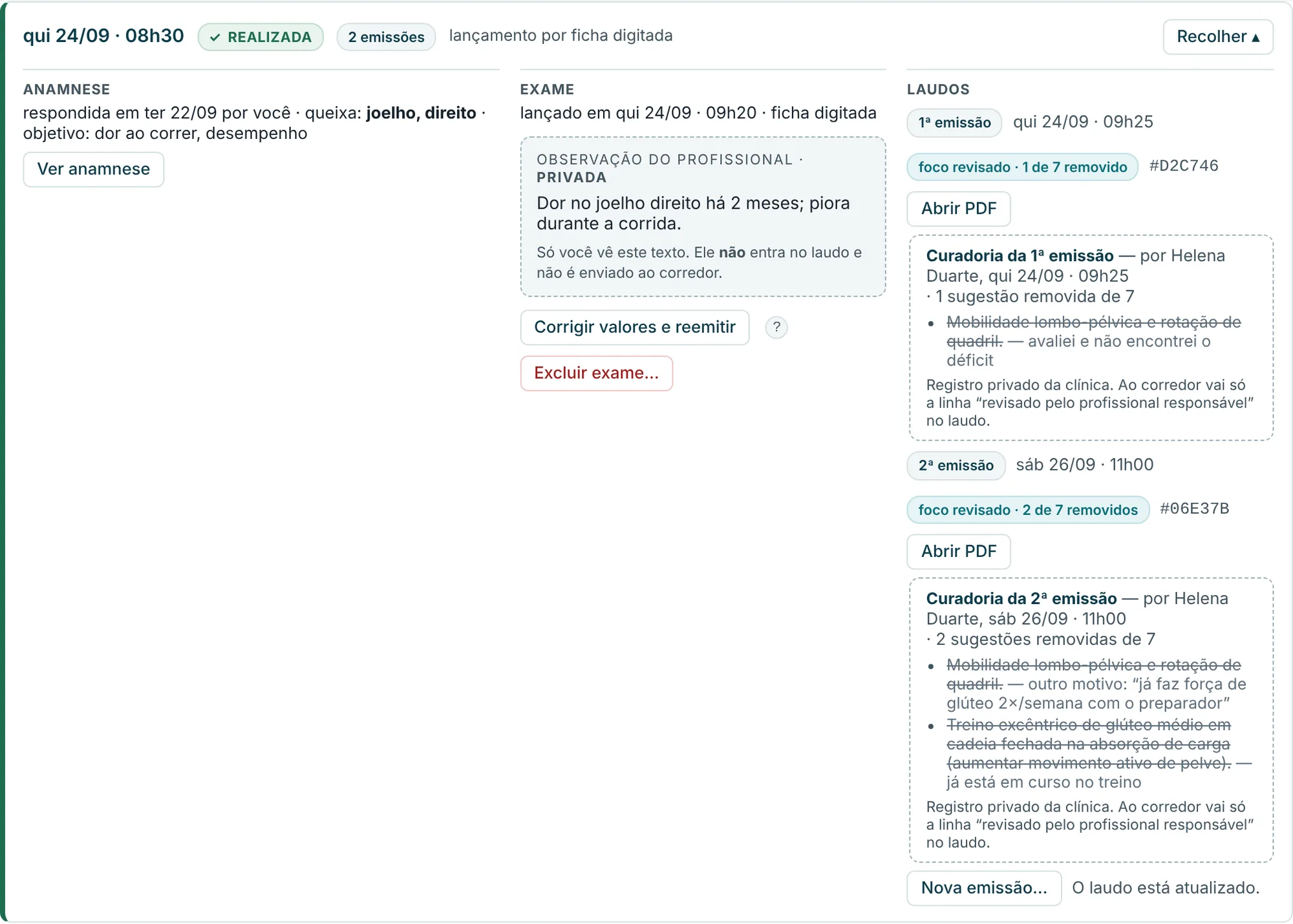 histórico com duas emissões, a etiqueta 'foco revisado' e o registro embaixo (dados fictícios)